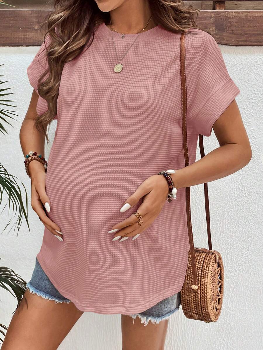 SHEIN Áo thun bầu tay ngắn cổ cánh dơi màu trơn, dáng rộng, thoải mái. - Hồng - Xem 1