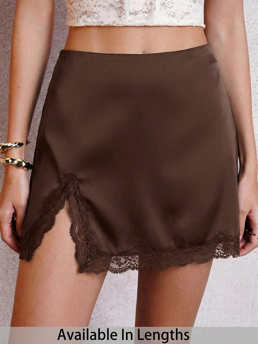 SHEIN PETITE CURVE Chân váy nữ cỡ lớn màu trơn phối ren xẻ tà bên hông - Cà phê nâu - Xem 1