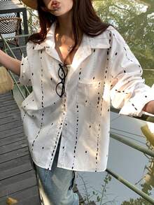 女士通勤优雅亚麻染色长袖衬衫，小众百搭设计上衣 - 杏色 - 查看 3