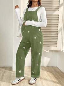 SHEIN Pregnant Women Floral Embroidery Pattern Casual Versatile Daily Wear Jumpsuit - Army Green - View 5