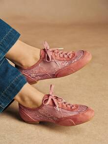 Rosivie Zapatos planos de mujer de moda casual con parches de encaje y cordones - Rosa - Ver 5