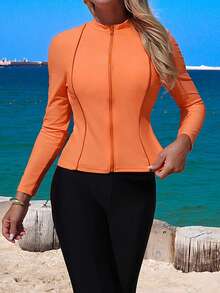 Swim Shayni Burnt Orange Summer Modest Beach Holiday Women's Swimwear Outfit Set,Vintage Contrast Patchwork Burkini,Casual 2 Piece Bathing Suit Cruise Resort Wear - Multicolor - View 4