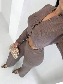 Shopreo Cárdigan y pantalones cómodos y sencillos con botones - Marrón - Ver 6
