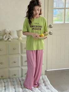 Dazy Kids 少女休闲字母印花装饰上衣和条纹宽松家居服套装，秋季 - 綠色 - 查看 5