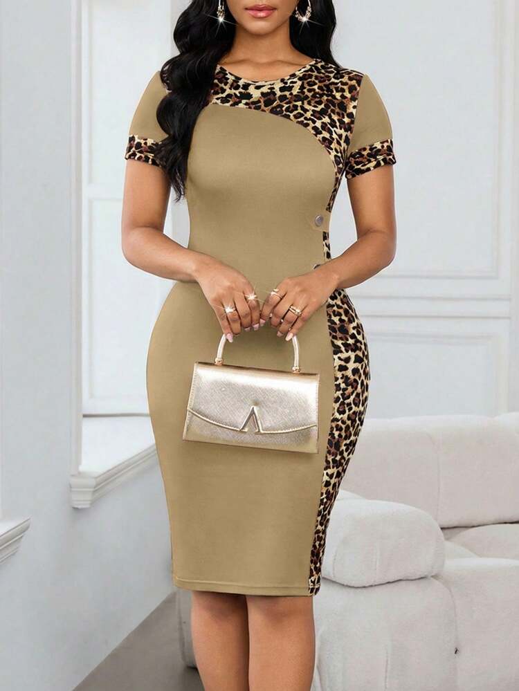 SHEIN Lady 女士时尚豹纹拼接修身中长连衣裙，夏季 - 卡其色 - 查看 5