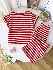 SHEIN Conjunto de 2 piezas de camiseta de rayas rojas y blancas con textura de rayas y pantalones de cintura elástica, adecuado para ocio, hogar, vacaciones y playa en verano - Blanco y Negro - Ver 2