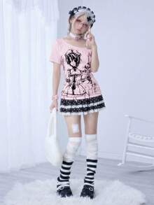 ROMWE Anime Áo thun nữ tay ngắn xếp ly co giãn họa tiết dây leo hoạt hình Millennium - Màu Hồng baby - Xem 2