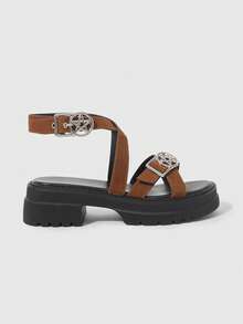 Sugerpunk Women's Black Roman Beach Sandals, Dark Chain Punk Rock Party Sandals, Summer Open-Toe Rivet Gothic Wedge Platform Sandals, Holiday Shoes - Yellow brown cloth - View 3