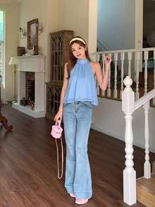 SHEIN TEENGIRL Elegant Sweet Blue Chiffon Halter Neck Top, Bowknot Decor Halter Neck Blouse,Kids - Blue - View 4