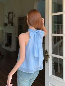 SHEIN TEENGIRL Elegant Sweet Blue Chiffon Halter Neck Top, Bowknot Decor Halter Neck Blouse,Kids - Blue - View 5