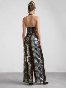 SHEIN Clasi Rainbow Sequin Decor Halter Neck Women Jumpsuit For Party New Years Outfit Christmas Party Women Jumpsuit Holiday Party Women Jumpsuit New Years Eve Outfit New Years Outfit Glitter Pants Glitter Jumpsuit Party Women Outfits New Years Eve Attire - Multicolor - View 2