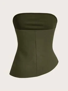 SHEIN Essnce 女款 Y2K 纯色褶饰修身短款上衣 - 軍綠色 - 查看 2