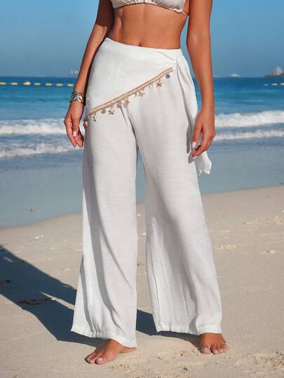 Swim Vcay Women's Spring/Summer Beach Outfit, Bamboo Fiber 2 Pieces Set, Vacation Pants With Tassel Decor And Coverup