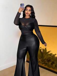 Slaydiva 春夏秋冬新款优雅通勤、休闲外出、聚会、约会、晚宴、万圣节、情人节修身纯色黑色网纱透视弹力针织面料黑色PU扭结胸部装饰加大码连体裤 - 黑色 - 黑色 - 查看 5