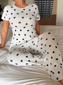 SHEIN Plus Size Sexy Heart Print Short Sleeve Pajama Set Two Piece Set Plus Curve Two Piece Set Casual Two Piece Set Two Piece Set Two Piece Set Women - Multicolor - View 5