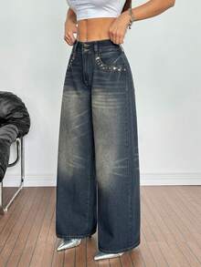 SHEIN PETITE Women's Pocket Button Casual Versatile Daily Wear Wide Leg Jeans - Black - View 6