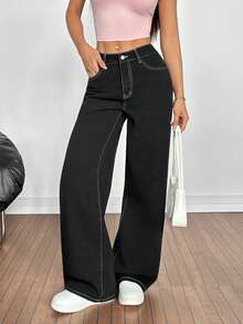 SHEIN PETITE Women's Cross Embroidery Pocket Wide Leg Loose Casual Jeans - White - View 6