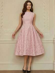 Aveloria Rosie 女士提花褶裥优雅收腰中长连衣裙，适合约会和派对穿着 - 粉色 - 查看 5