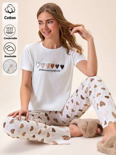 Loomlin Cotton Line Women Casual Solid Color Heart Patterned Round Neck Short Sleeve Top And Long Length Pants