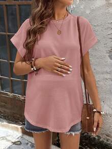 SHEIN Áo thun bầu tay ngắn cổ cánh dơi màu trơn, dáng rộng, thoải mái. - Hồng - Xem 3