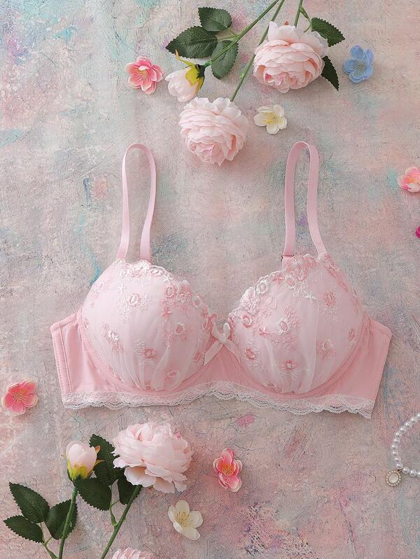 Pink Floral Embroidered Bra With Steel Rings, High Support, Lift And Gather, Romantic Pastoral Style Women's Lingerie