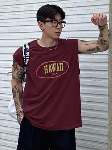 DAZY Áo tank top nam mùa hè in chữ, cổ tròn, dáng rộng, thoải mái - Màu Đỏ Sâu - Xem 6