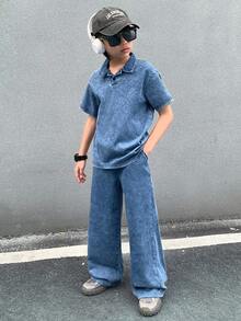 SHEIN Conjunto informal de niño preadolescente con camisa de polo de manga corta y jeans - Azul - Ver 4