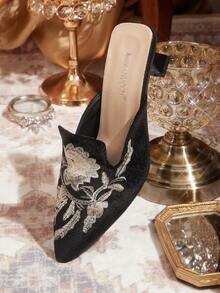 CUCCOO TILAWA 1 Pair Women's Pointed Toe Mule Sandals With Embroidery, Retro Elegant Versatile High Heel Slip-On Shoes - Black - View 6