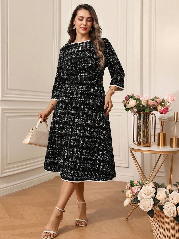 Plus Size Women's Summer Casual Vacation Work Plaid Round Neck 3/4 Sleeve Midi Dress, Summer Holiday,Spring Break Outfits ,Vacation Outfits Women ,Holiday Outfits For Women,Going Out Outfits,2026 New Clothes,Simple And Fashionable For Everyday Wear,Suitable For Summer, Vacation, Commute, Daily Wear,Black  Dress, Black Formal Dress For Women,Wedding Guest Dress For Women ,Party Dresses