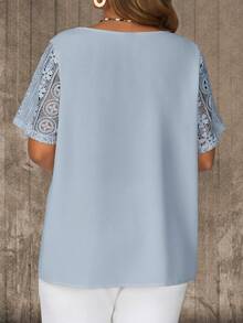 EMERY ROSE Plus Size Casual Solid Color Lace Patchwork Asymmetric Collar Blouse - Baby Blue - View 2
