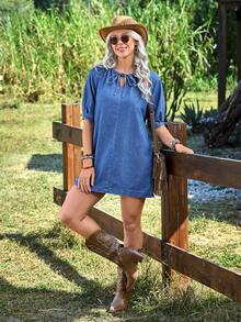 Selianne Women's Tie Collar Short Sleeve Casual Loose Denim Dress - Medium Wash - View 5
