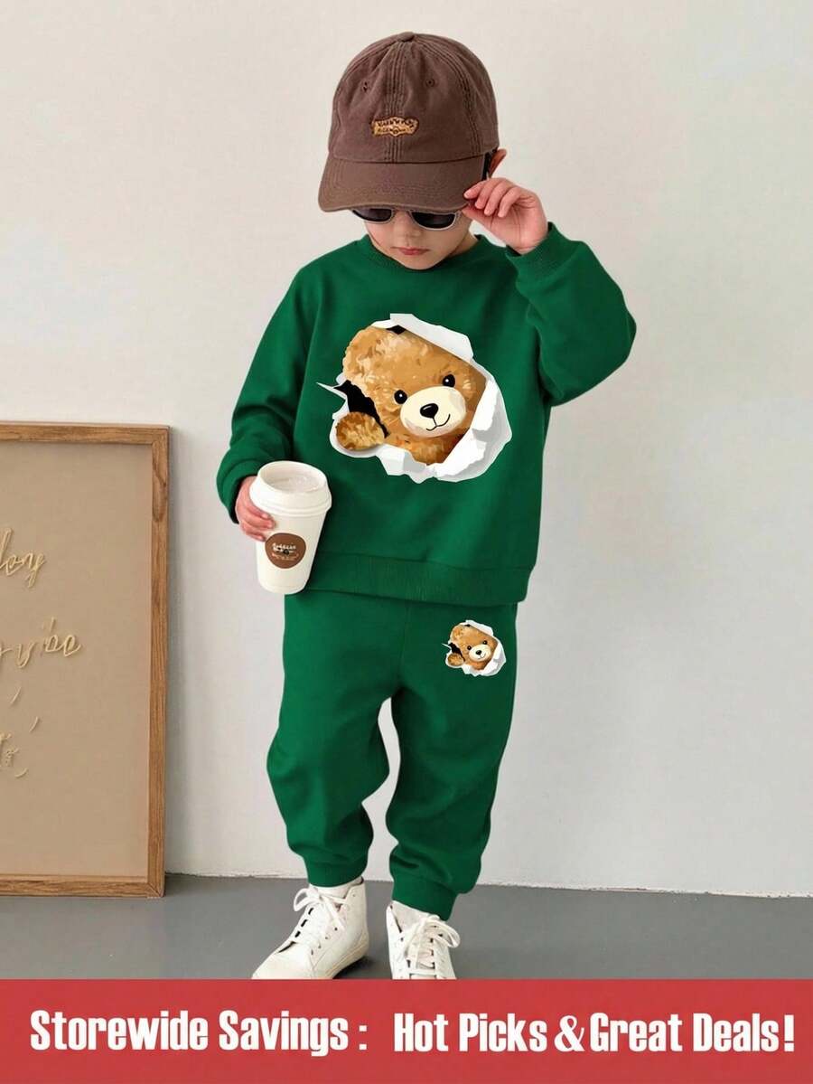 2 件套年轻男孩卡通熊图案印花圆领运动衫，休闲时尚，儿童秋冬装，长袖上衣，黑色圆领运动衫和裤子套装 - 彩色 - 查看 1