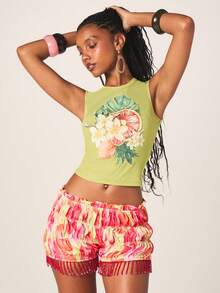 MISSGUIDED Women's Lime Green Ribbed Tank Top With Tropical Fruit Print Summer Vacation Beach Festival Sleeveless Crew Neck Fitted Tee - Green - View 1