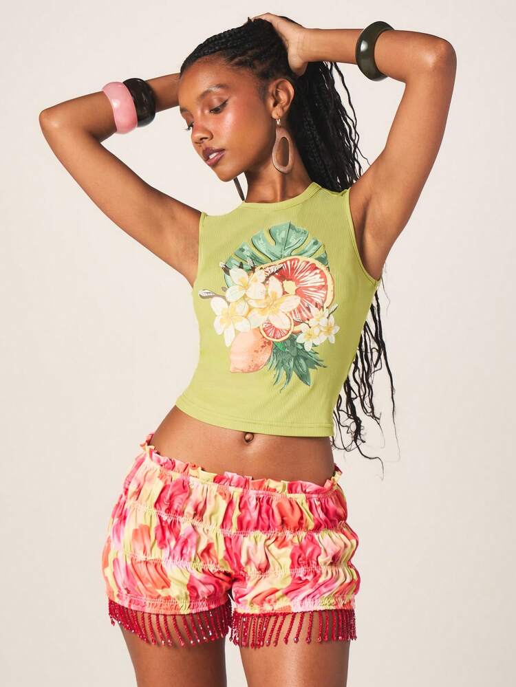 MISSGUIDED Women's Lime Green Ribbed Tank Top With Tropical Fruit Print Summer Vacation Beach Festival Sleeveless Crew Neck Fitted Tee