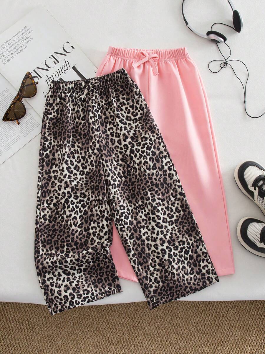 Genkimix Kids 2pcs/Set Young Girl Fashion, Bow Decor Loose Wide Leg Pants, Leopard Print And Solid, Suitable For Autumn Daily Wear - Multicolor - View 1
