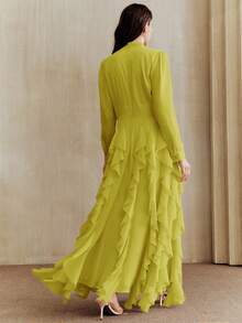 Anewsta Đầm nữ thanh lịch với cổ áo nơ chéo, tua rua đính đá, eo thắt, chân váy xòe, viền bèo nhún, màu hồng, duyên dáng và tinh tế, thích hợp cho các bữa tiệc. - màu xanh lá - Xem 3