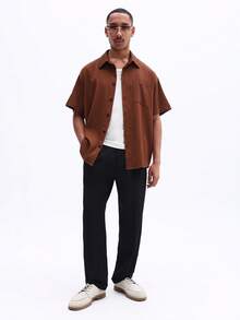 SUMWON Men's Short Sleeve Button Down Shirt With Pinstripe Pattern Collared Casual Summer Top - Coffee Brown - View 3