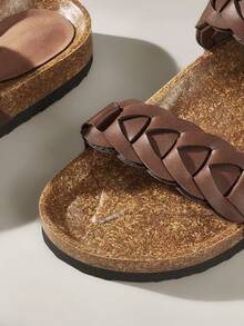 Solecia Damen Schuhe Frühling und Sommer Neu Doppelgurt Flechtdesign Flacher Boden Urlaubs Lässig Stil Braun Damen Hausschuhe Täglicher Reisegebrauch Strandurlaub Tragen - Braun - Übersicht 5