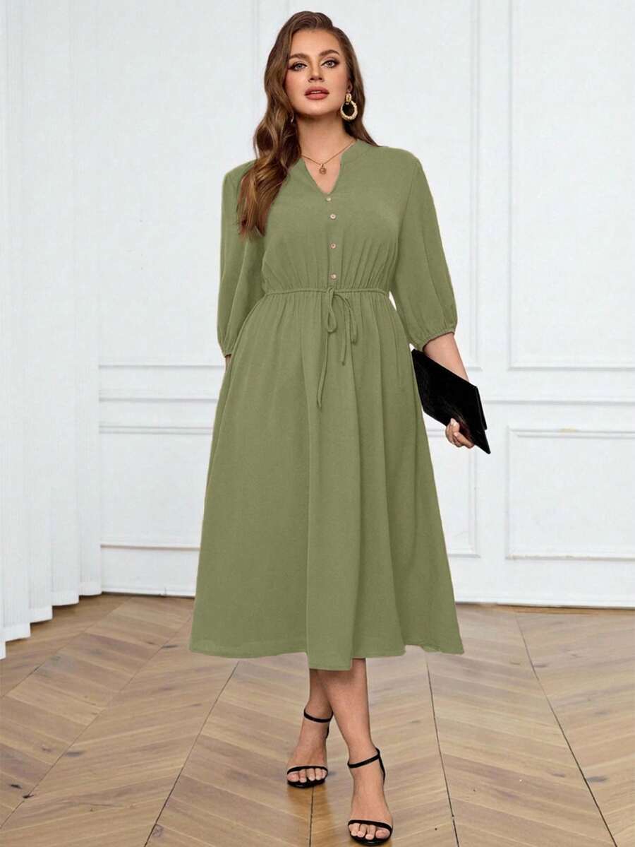 Miaspire Vestido midi con cuello en V, mangas raglán y cintura fruncida para tallas grandes - Verde - Ver 1