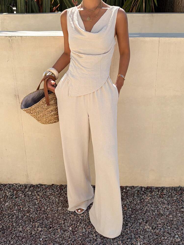 Women's Casual Solid Color Camisole And Wide Leg Pants 2 Pieces Set, Summer