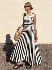 DAZY 女士休闲撞色条纹无袖针织连衣裙，夏季，婚礼宾客礼服，女士长款连衣裙 - 黑色 - 查看 5