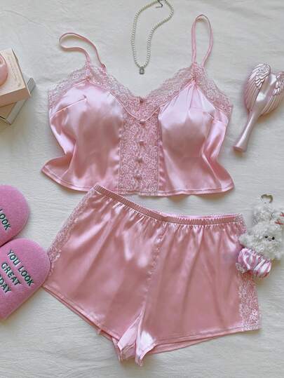 Comfortcana Women Satin Lace Patchwork Camisole & Shorts 2 Pieces Set