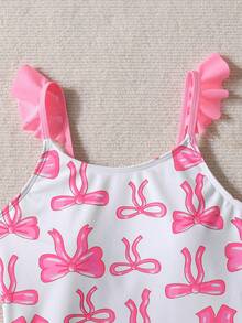 SHEIN Tween Girl 2pcs Knitted Swimwear Set, Cute Bow Print, Shoulder Strap Design, Ruffle Hem, Suitable For Swimming, Vacation, Beach Wear, Children Swimwear Set, Summer Holiday, Pink Bodysuit Swimwear - Pink - View 8
