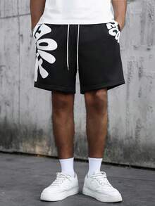 SLATEMANN 男士字母印花抽绳腰休闲宽松短裤 - 黑色 - 查看 3