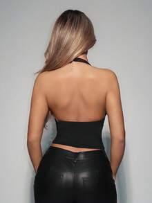 SHEIN ICON Women's Sexy Solid Color Backless Halter Top, Summer - Black - View 2