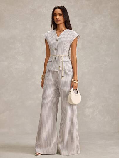 EURMUSE Women, Spring, Summer, Set, Stripe, Belted, Button, Casual, Boho,