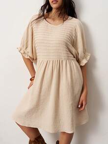 Enliva 大码女式宽松短袖休闲棉质连衣裙，适合苹果型和圆润身材，夏季穿着 - 杏色 - 查看 7