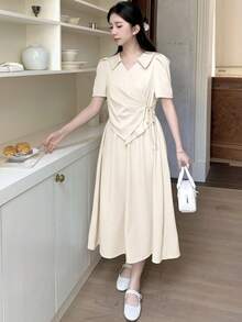Teen Girl Woven Apricot Collared Ruched Bow Tie Short Sleeve Casual Dress - Apricot - View 7