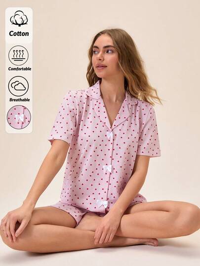 Loomlin Cotton WomenMinimal Striped Heart Patterned Contrast Bow Front Detail Short Sleeve Sleep Shirt + Shorts Two Pieces Casual Cute Comfort Pajama Lounge Set