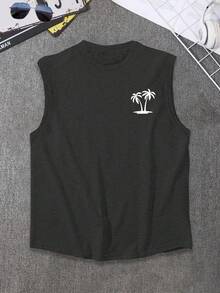 Genlund Plus Size Men's Casual Vacation Palm Tree & Letter Print Tank Top - Dark Grey - View 2